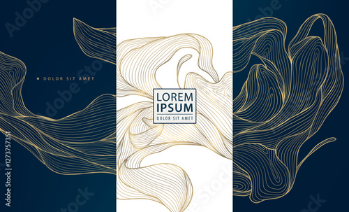 Vector abstract golden wave art deco design, line floral background. Geometric wine, cosmetic product, tea package. Elegant shape