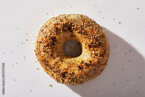 Overhead view of seeded bagel on white background