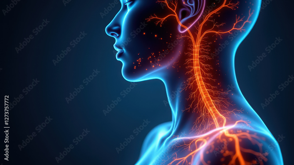 Vagus Nerve Stimulation (VNS) depicted with detailed imaging of human head and neck internal anatomy, highlighting nervous system pathways. Vagus Nerve Stimulation (VNS) depicted with detailed imaging of human head and neck internal anatomy, highlighting nervous system pathways.