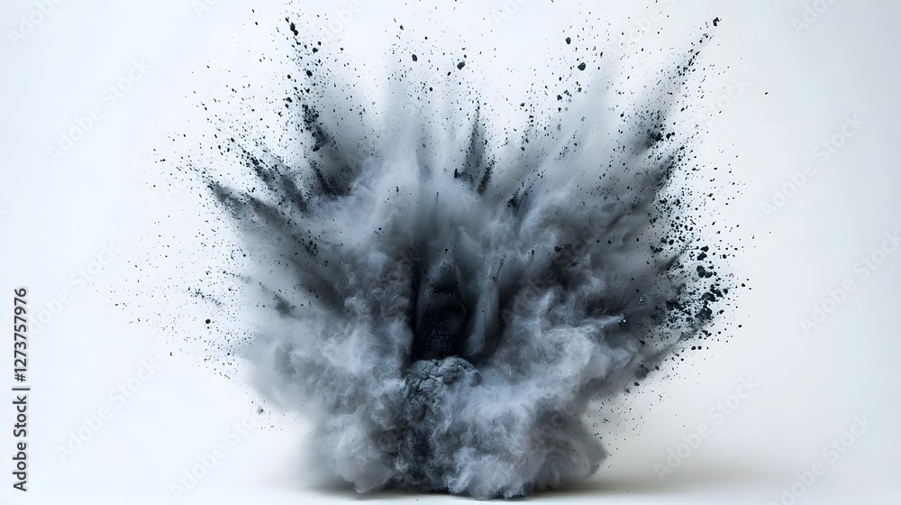 Dramatic dark gray and charcoal powder explosion creating a moody high contrast effect against a bright white surface The image depicts a forceful Dramatic dark gray and charcoal powder explosion creating a moody high contrast effect against a bright white surface The image depicts a forceful