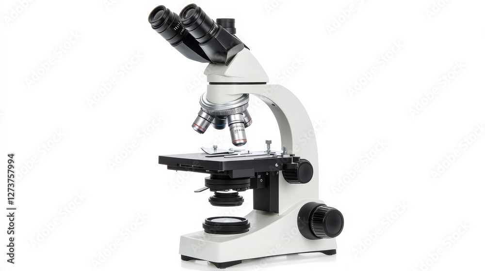 A modern laboratory microscope for scientific research stands out against a white background A modern laboratory microscope for scientific research stands out against a white background