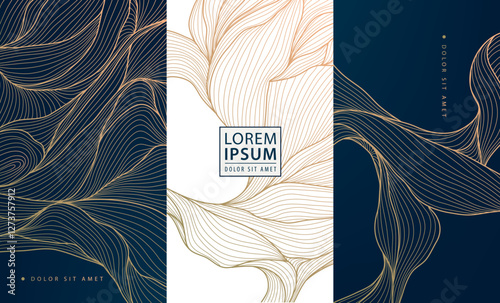Vector abstract golden wave art deco design, line floral background. Geometric wine, cosmetic product, tea package. Elegant shape