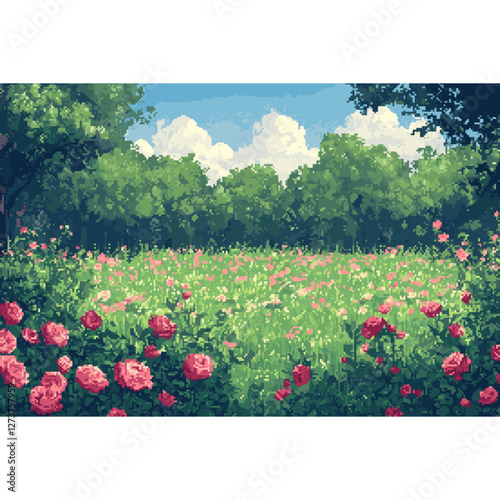 Rose meadow illustration landscape pixelated vector