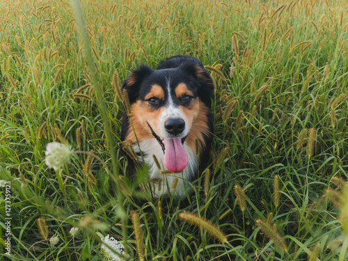 Australian Shepard sitting in tall grass photo