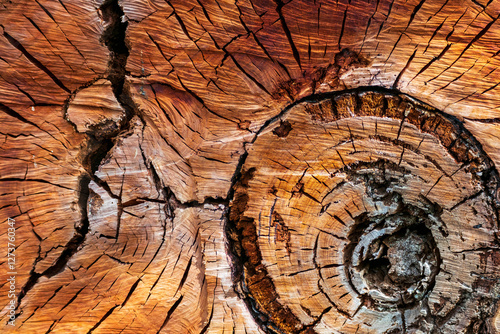 Close-up of cross section of old tree trunk photo