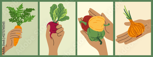 Set of abstract hand art posters with vegetable. Hand holds pepper, carrot, beet and onion. Vector illustration for postcard, brochure, cover.