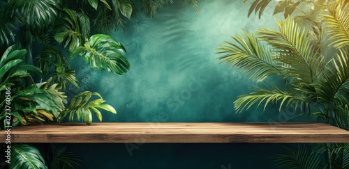 A wooden table is elegantly positioned amidst vibrant tropical plants, creating a peaceful atmosphere perfect for relaxation or gatherings