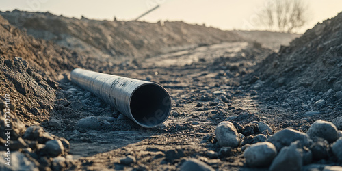 Wallpaper Mural A flat solid gray polyplastic pipe lies on a construction site filled with loose rocks and dirt as light illuminates the area Torontodigital.ca