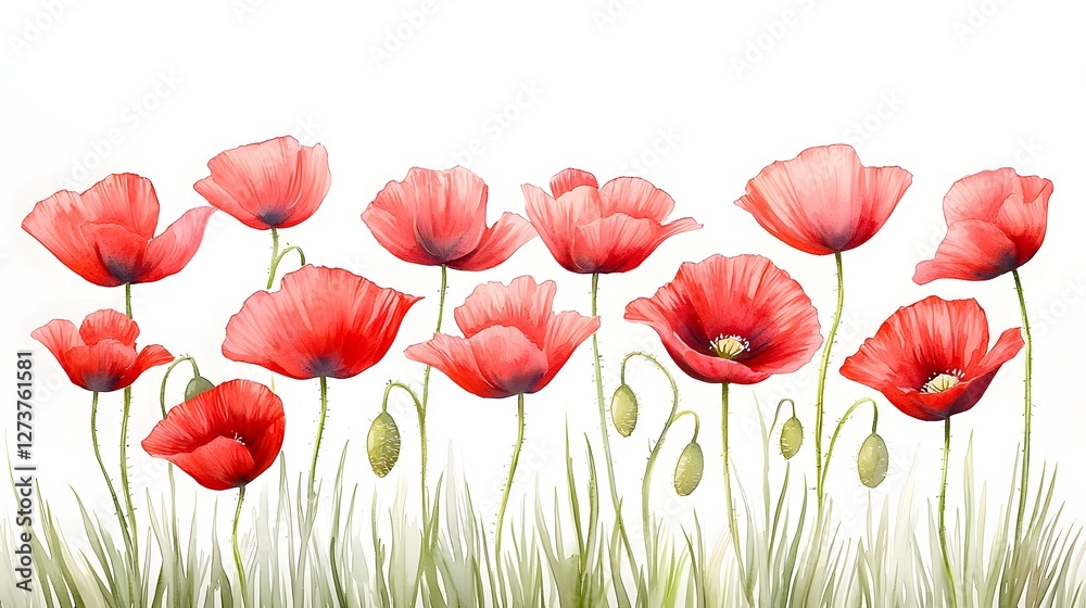 Fototapeta premium Ethereal Field of Radiant Red Poppies in Loose Watercolor Strokes on Clean Canvas A captivating floral landscape with gracefully swaying poppy blooms captured in a watercolor style against a