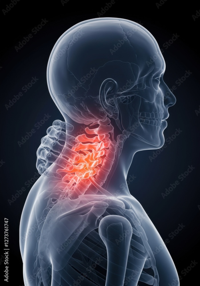 3D medical illustration of neck pain and cervical spine inflammation. skeleton x-ray. 3D medical illustration of neck pain and cervical spine inflammation. skeleton x-ray.