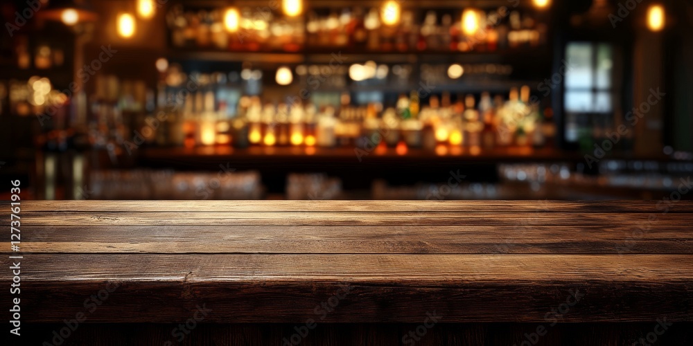 A wooden table is in the foreground and a bar in the back A wooden table is in the foreground and a bar in the back