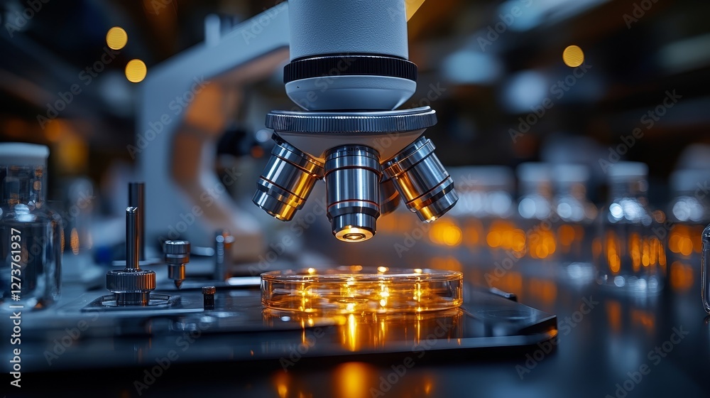 Detailed close-up of a microscope located above a Petri dish, surrounded by laboratory equipment, the concept of scientific research and discovery Detailed close-up of a microscope located above a Petri dish, surrounded by laboratory equipment, the concept of scientific research and discovery