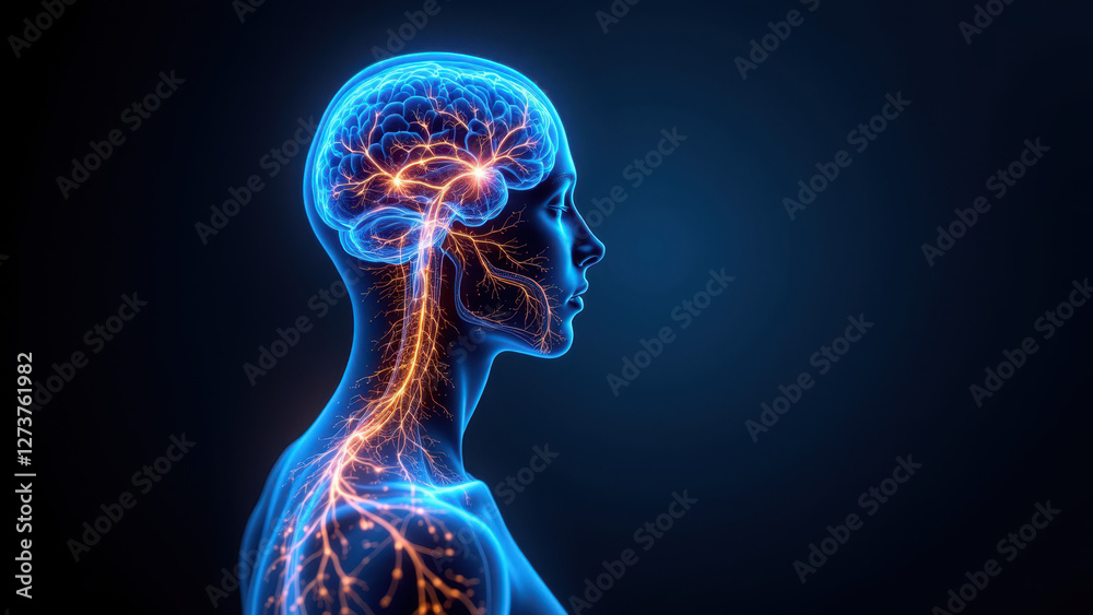 Visual representation of VNS or Vagus Nerve Stimulation showing a head with highlighted brain pathways. Visual representation of VNS or Vagus Nerve Stimulation showing a head with highlighted brain pathways.
