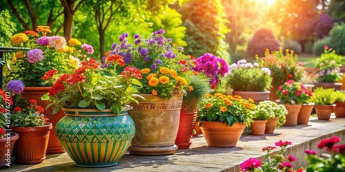Wallpaper Mural Vibrant flowers in colorful pots on a sunny patio surrounded by lush greenery and ornate planters Torontodigital.ca