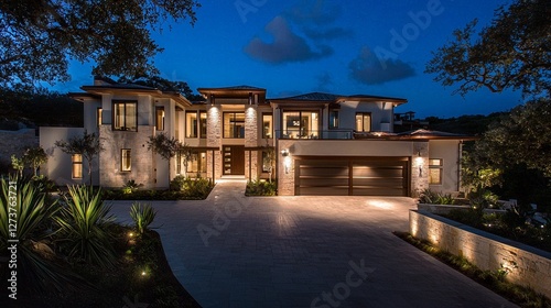 The suburban home is a luxurious one, with a neutral palette of colors, a driveway of considerable size, and outdoor lighting that is contemporary in style