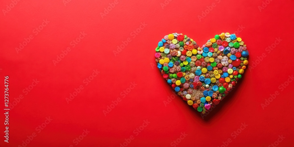 Fototapeta premium Colorful heart shape decorative element on a bright red background , colorful, decorative