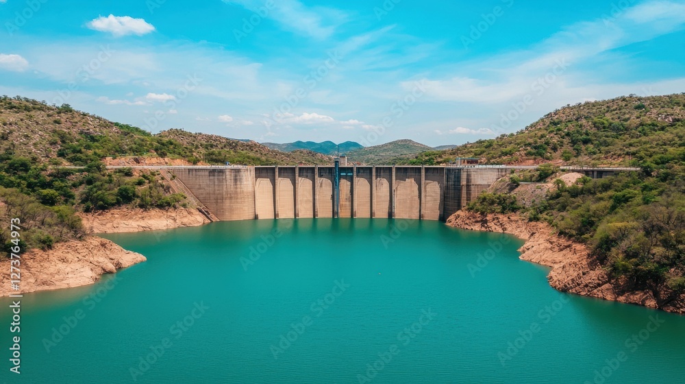 Scenic Aerial View of a Massive Concrete Dam Surrounded by Lush Green Hills and Clear Blue Water Under a Bright Sky Scenic Aerial View of a Massive Concrete Dam Surrounded by Lush Green Hills and Clear Blue Water Under a Bright Sky