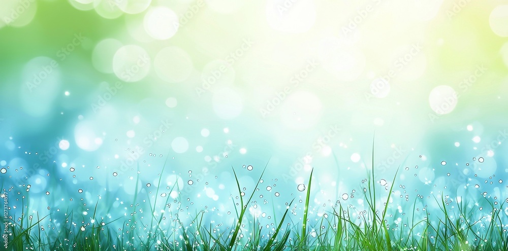 Obraz premium A stunning wide-angle shot captures the lush green grass in close-up, bathed in the dew or rain droplets of an early spring or summer morning, with soft light bokeh from the sun