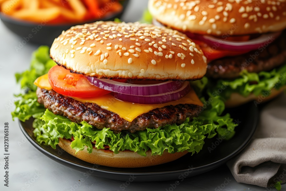 Appetizing Burger with Fresh Vegetables and Sesame Seed Bun on a Black Plate Close Up View Appetizing Burger with Fresh Vegetables and Sesame Seed Bun on a Black Plate Close Up View