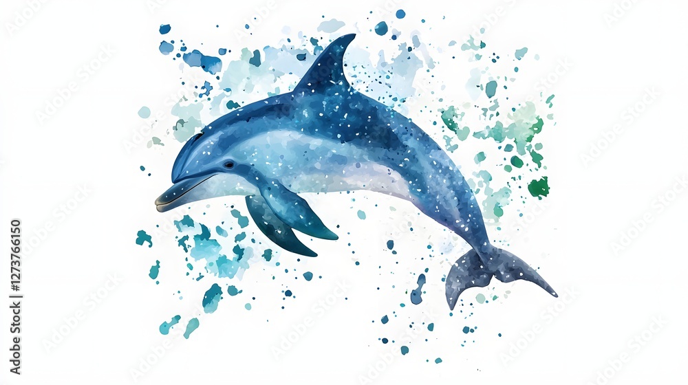Obraz premium Gliding dolphin leaping through a splash of vivid watercolor hues blending cerulean blues soft teals and hints of white foam for a dynamic energetic ocean scene