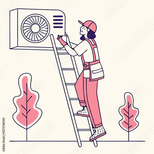  Una técnica en una escalera instala un aire acondicionado exterior, rodeada de árboles. Representa trabajo técnico y climatización eficiente.
