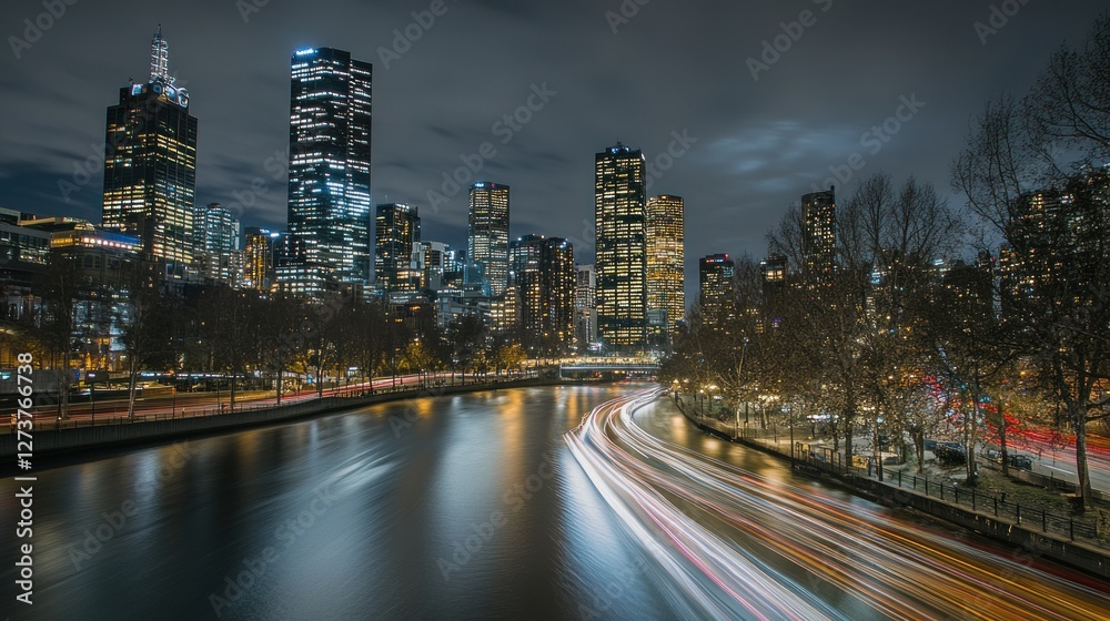 Fototapeta premium Night Cityscape Illuminated Skyscrapers River Lights