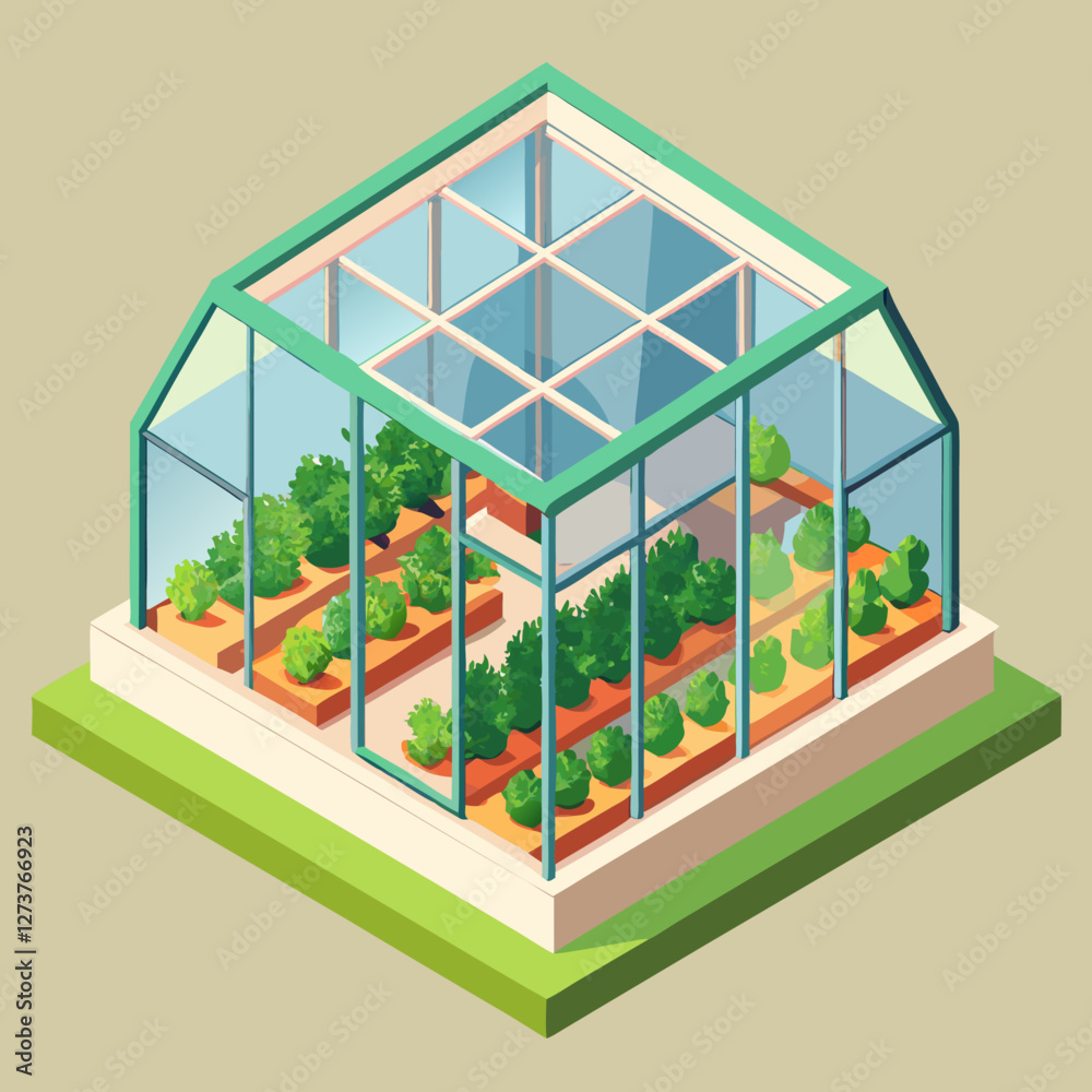 Un invernadero en vista isométrica muestra hileras de plantas en su interior, resaltando la eficiencia del cultivo. Representa innovación y sostenibilidad.
 