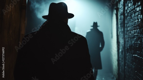 A detective tracking a suspect through a dark alley. Featuring pursuit and tension photo