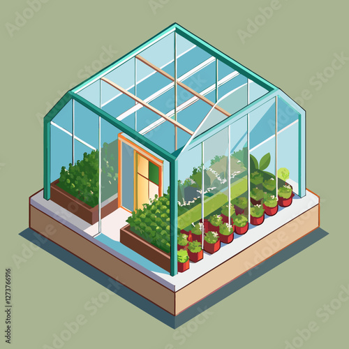  Un invernadero de cristal con cultivos en macetas y un techo transparente, representado en perspectiva isométrica. Simboliza la agricultura sostenible y la eficiencia en el cultivo.
