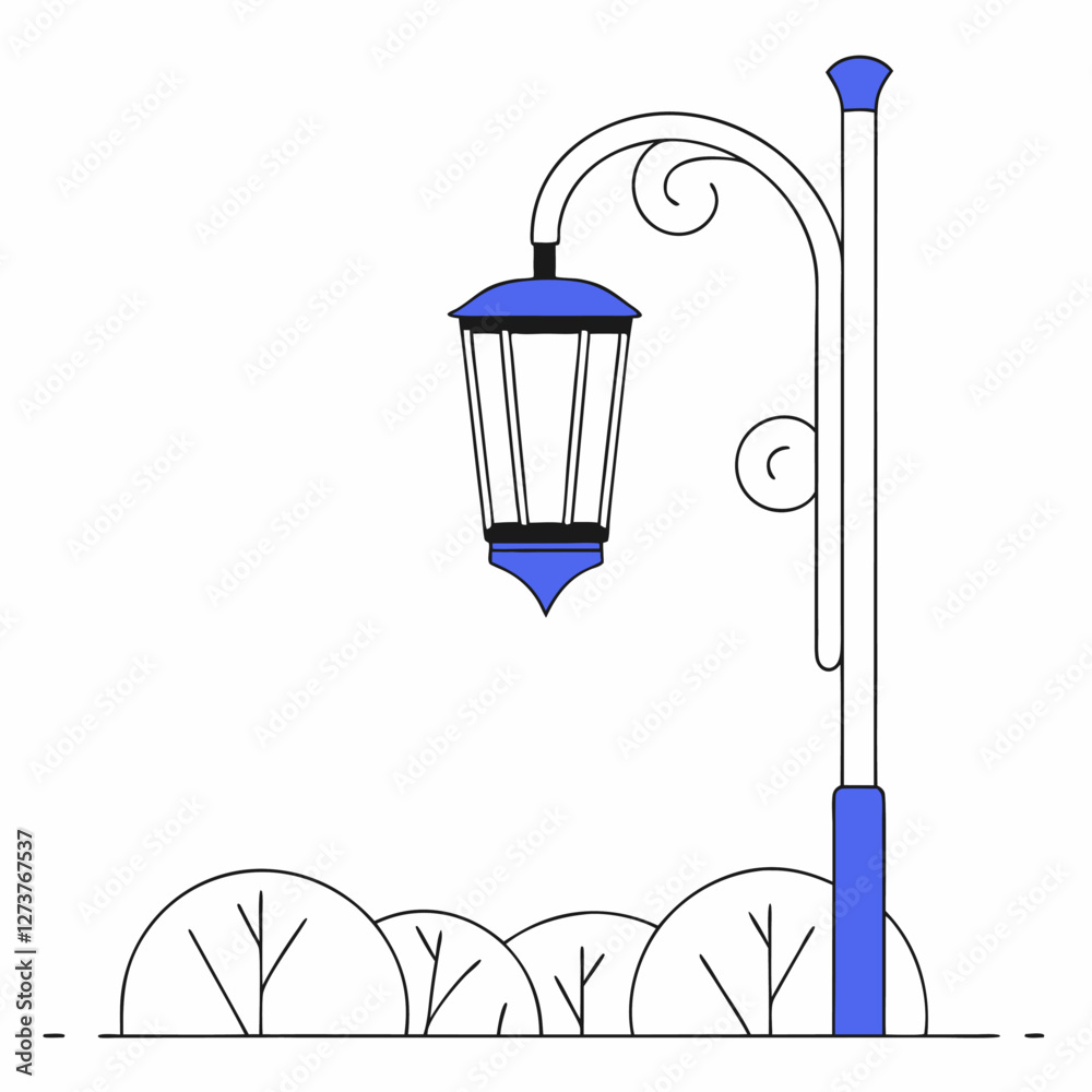  Un farol de diseño clásico con detalles en azul se encuentra junto a arbustos en un fondo blanco. Representa iluminación urbana y decoración.
