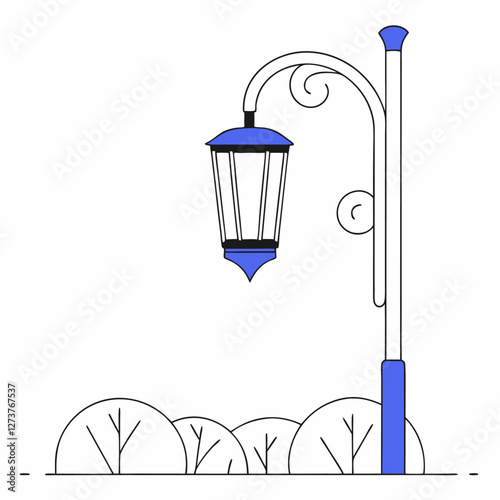  Un farol de diseño clásico con detalles en azul se encuentra junto a arbustos en un fondo blanco. Representa iluminación urbana y decoración.
