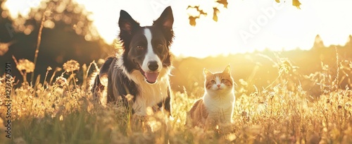 In the warm golden light of sunset, a happy dog and cat are running through a field filled with grass