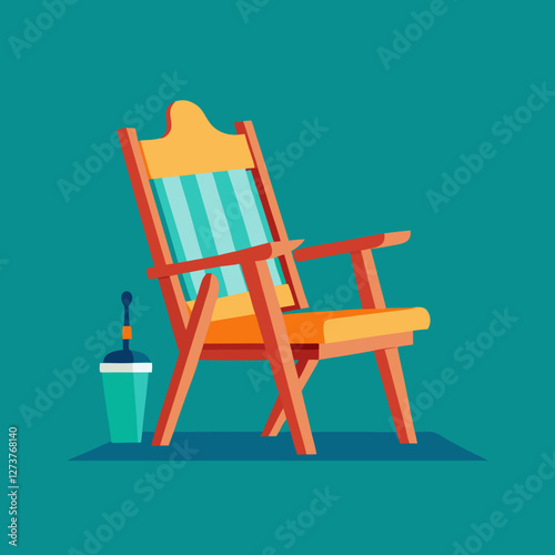 Un sillón de madera con un cojín a rayas está acompañado de una bebida refrescante. La imagen representa descanso y comodidad.
