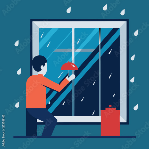 Un hombre limpia la condensación de una ventana mientras llueve en el exterior. La ilustración enfatiza la humedad y el clima lluvioso.
