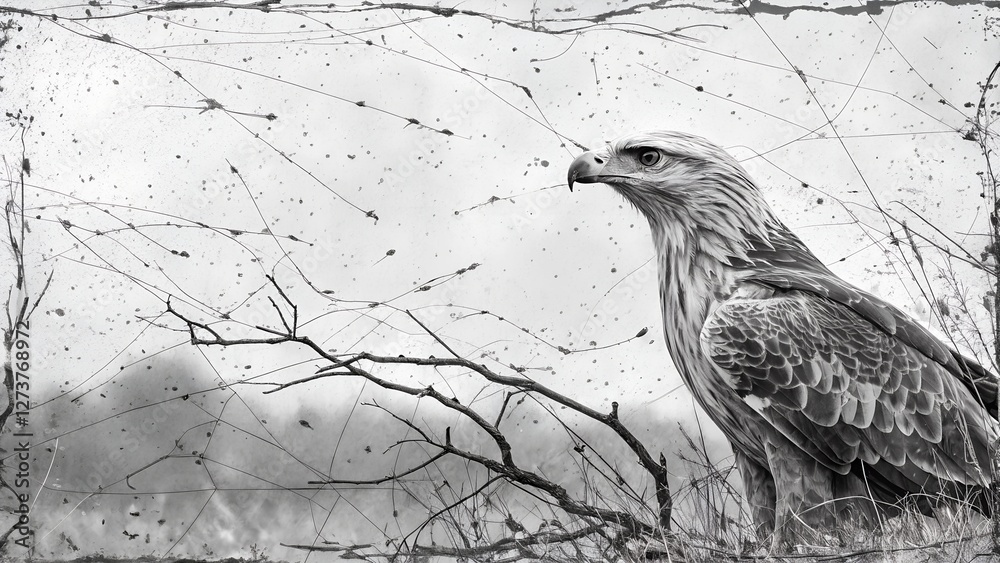 Fototapeta premium Eagle perched on branch, monochrome, textured background