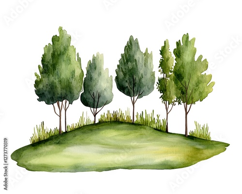 Trees on a hill isolated. Green grass in background, for natural scenery graphics photo