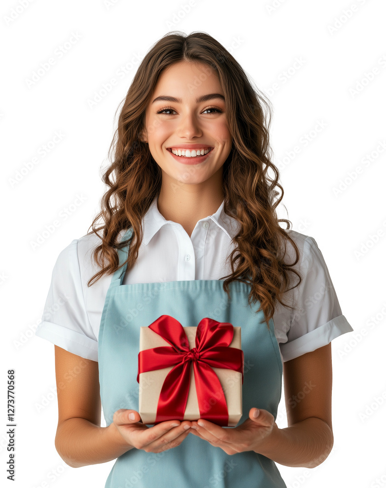 Smiling young woman in a white T-shirt and light blue apron holding a gift wrapped in brown paper with a red ribbon. Bright, joyful expression. transparent background Smiling young woman in a white T-shirt and light blue apron holding a gift wrapped in brown paper with a red ribbon. Bright, joyful expression. transparent background