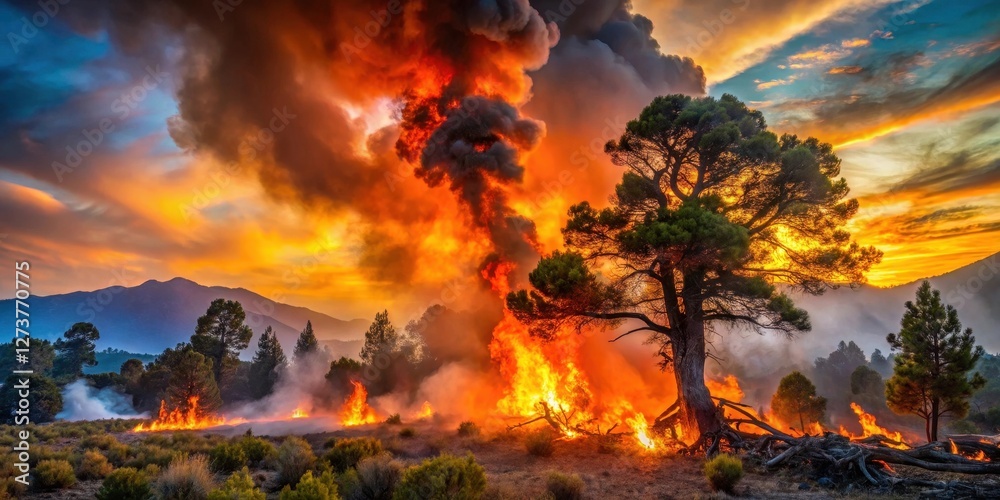 Naklejka premium Fiery Sunset Blaze Engulfs Woodland, Tree in Inferno's Embrace, Smoke and Flames Dance Against Vivid Sky