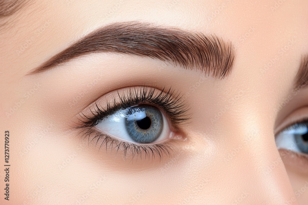 Obraz premium Close-up portrait of a young and sensual model with clean skin, professional makeup, and beautiful green eyes, enhanced with laminated lashes, set against a tropical background featuring fern leaves