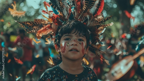 A young Latino male dressed in a traditional Bolivian morenada outfit, complete with intricate masks and beadwork, takes part in a cultural procession, marking the festive ambiance of Hispanic photo
