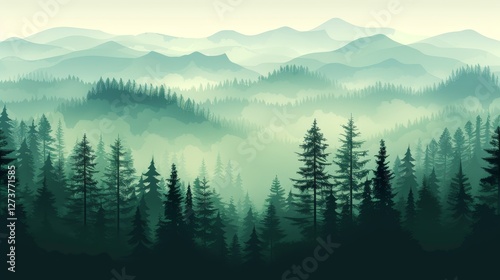 Vintage misty forest landscape with foggy hills and warm morning light glowing through green trees