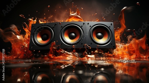 Dynamic Sound Waves Emanating from High-Quality Speakers Surrounded by Explosive Flames, Capturing the Essence of Power and Energy in a Striking Visual Composition