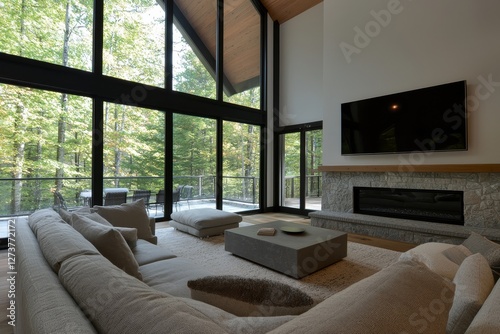 The living room exudes luxury with its large stone fireplace, leather furniture, and huge tall windows that incorporate natural tones