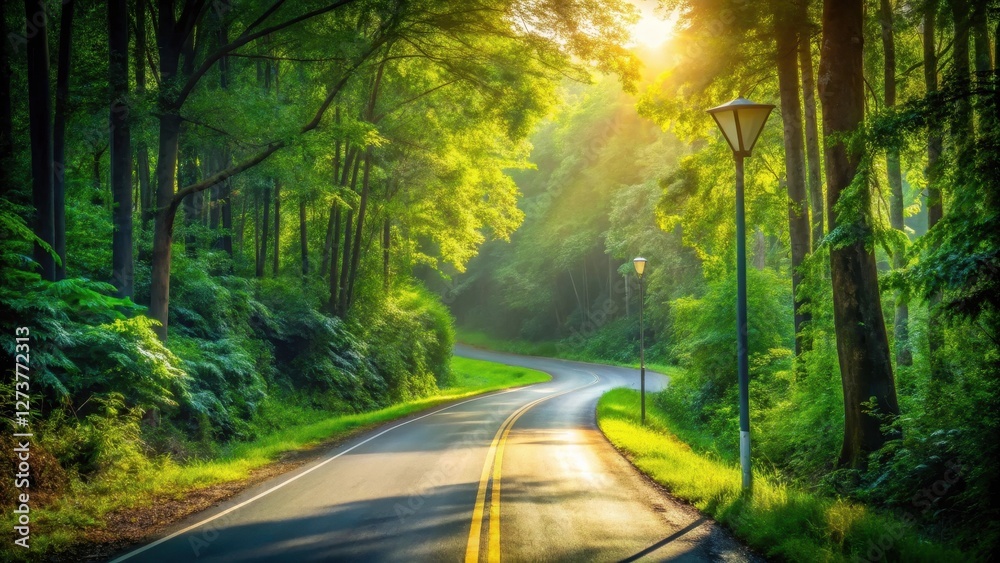 Fototapeta premium A sunlit winding road through a lush green forest with tall trees and elegant lampposts on a pleasant day