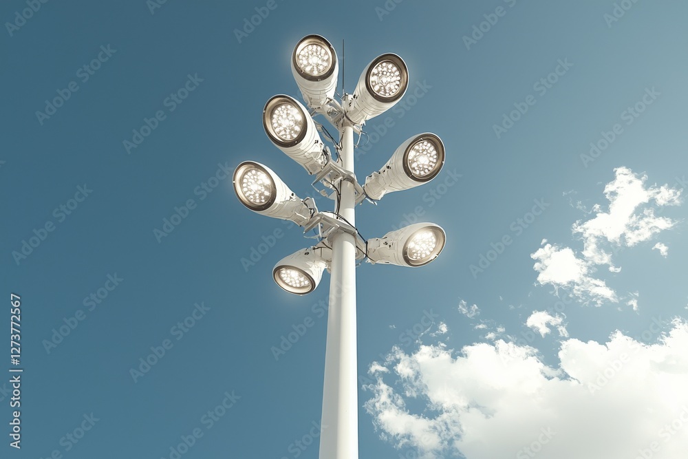 High mast lighting pole lights shine brightly with a round sport light on a blue cloud sky background High mast lighting pole lights shine brightly with a round sport light on a blue cloud sky background