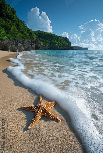 A description and keywords for your stock photo include a starfish on a tropical beach, gentle waves, and a sunny sky