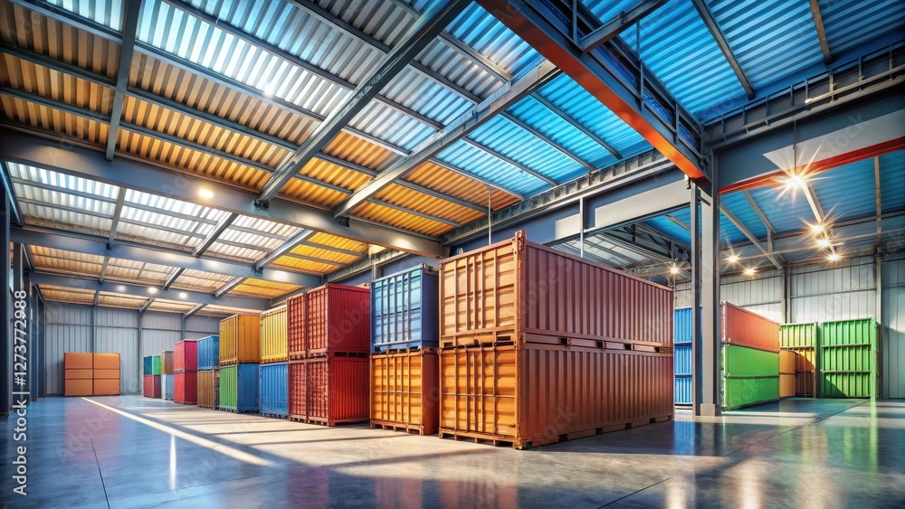 Obraz premium Brightly colored cargo containers inside a spacious warehouse facility with a modern metal roof and excellent lighting conditions