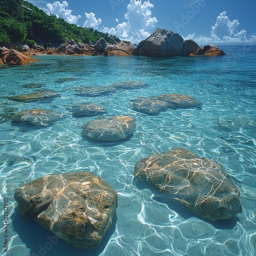 This image is accompanied by a description and keywords that include an idyllic tropical beach with clear turquoise water, white sand, and granite boulders