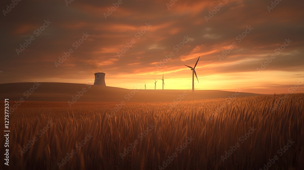 Obraz premium Scenic countryside landscape at sunset featuring wind turbines a traditional windmill and a golden wheat field symbolizing the transition to sustainable