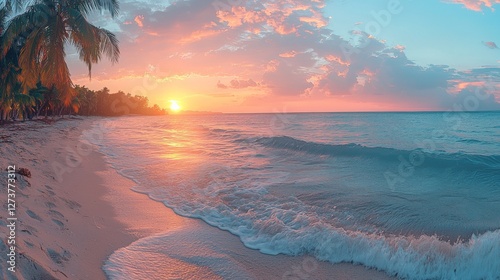 For your stock photo, the following caption and keywords are suggested: a tranquil sunset on a tropical beach with swaying palm trees and soothing waves